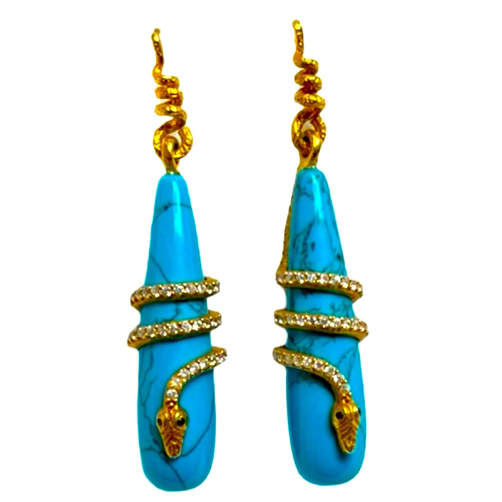 Turquoise & Cz Crystals Snake Drop Earrings By Azaara